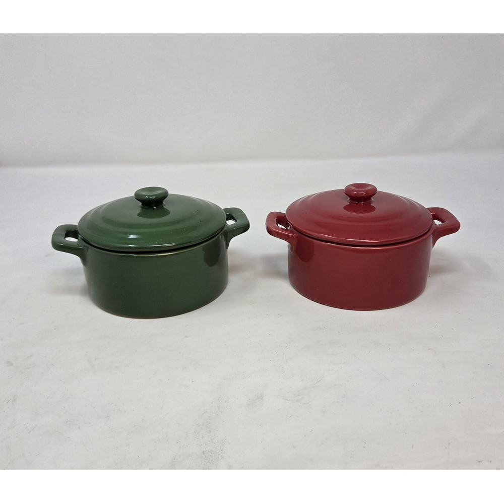 Mini Ceramic Cocottes Set of 2 Lids Red Green Stoneware Casserole Christmas Bake